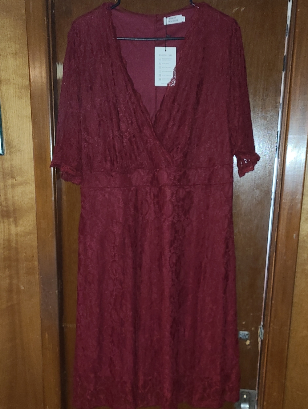 Elegant Wrap-Front Midi Dress in Deep Burgundy Lace